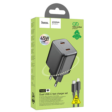 Incarcator Retea + Cablu Lightning Hoco N42, 45W, 2xUSB-A - Negru