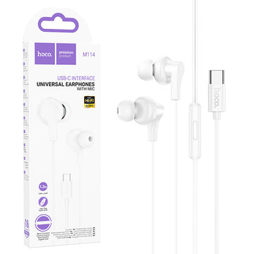 Casti cu Fir Hoco M114, In Ear, USB-C, 1.2m, Mic & Volume Key - Alb