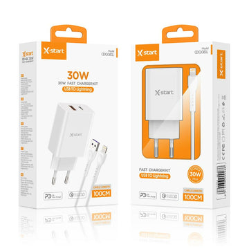 Incarcator Retea + Cablu Lightning la USB-A X-Start CDQ081L, 1xUSB-C, PD30W, 1xUSB-A, QC3.0, SuperFast - Alb