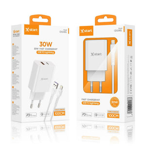 Incarcator Retea + Cablu Lightning la USB-A X-Start CDQ081L, 1xUSB-C, PD30W, 1xUSB-A, QC3.0, SuperFast - Alb