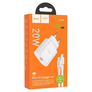 Incarcator Retea + Cablu USB-C Hoco C94A, 1m, 1xUSB-C, PPS/QC3.0/FCP/AFC - Alb