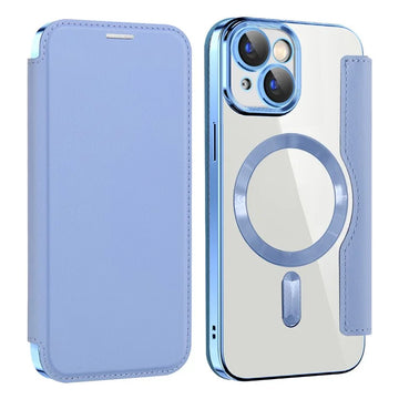 Husa MagFlip pentru iPhone 15, Magnet, RFID Protect, Piele, Chrome Edge - Albastru cer