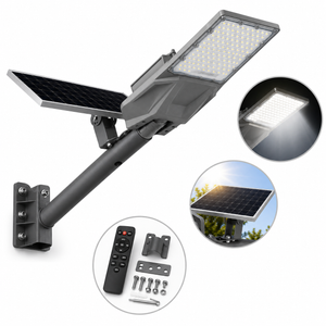 Lampa stradala solara LED Pexor LD88-300 Premium, carcasa metalica, panou solar cu incarcare rapida, telecomanda, IP67, autonomie pana la 12 ore, gri metalic