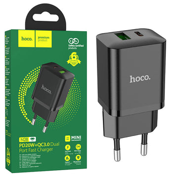 Incarcator Retea Hoco N28, 20W, 1xUSB-C, 1xUSB-A, PD, QC 3.0 - Negru