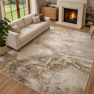 Covor Lirofe Imperial Gresie Bej Auriu - Efect Marmura Modern - Living, Sufragerie, Dormitor, Bucatarie, Hol - Fir Scurt 12 mm, Usor de Curatat
