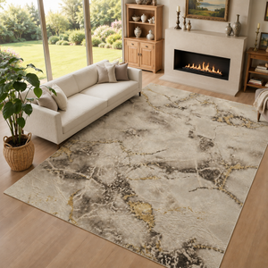 Covor Lirofe Imperial Diamant Crem Auriu - Efect Geometric Stralucitor Modern - Living, Sufragerie, Dormitor, Bucatarie, Hol - Fir Scurt 12 mm, Usor de Curatat