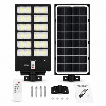 Lampa stradala solara LED Pexor 1500W cu panou solar integrat, senzor de miscare si senzor crepuscular, IP65, pentru exterior