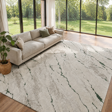 Covor Lirofe Marmora Royal Crem Verde - Efect Marmura Stralucitor Modern - Living, Sufragerie, Dormitor, Bucatarie, Hol - Fir Scurt 11 mm, Usor de Curatat