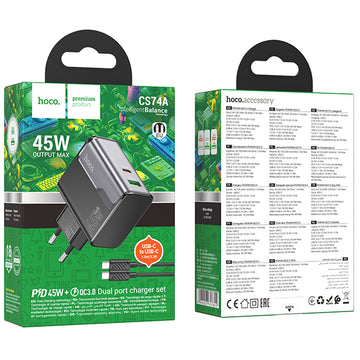 Incarcator Retea + Cablu USB-C Hoco CS74A, 1m, PD45W+QC3.0, 1xUSB-C, 1xUSB, FastCharge - Negru