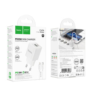 Incarcator Retea + Cablu Lightning Hoco C147A, 1m, PD20W, 1xUSB-C, 1xUSB-A - Alb