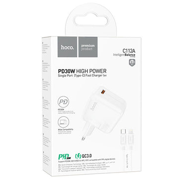 Incarcator Retea + Cablu USB-C Hoco C112A, 30W, 1xUSB-C, PD - Alb