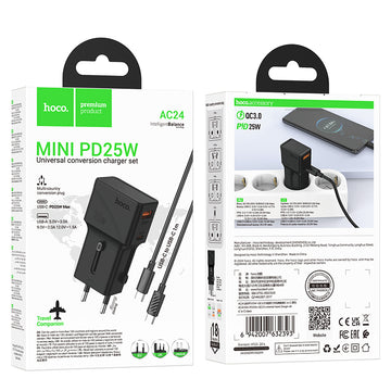Adaptor Priza + Cablu USB-C Hoco AC24, 1m, PD25W, 1xUSB-C, 1xUSB, MultiSockets - Negru