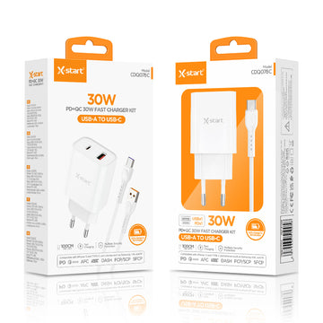 Cablu X-Start CDQ078C, Incarcatoare Retea cu Cablu, 30W, 1xUSB-C, 1XUSB-A, FastCharger - Alb