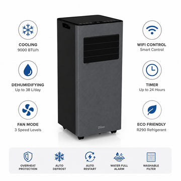 Aer conditionat mobil Zilan ZLN2617, 9000 BTU, 3 in 1 racire dezumidificare ventilatie, WiFi, timer