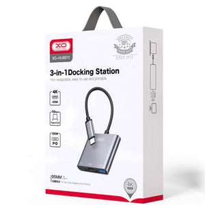 XO HUB011, MultiHUB USB 3in1, USB-C, HDMI, USB-A, Transmisie 5GBps, Functie de Incarcare, Tranish