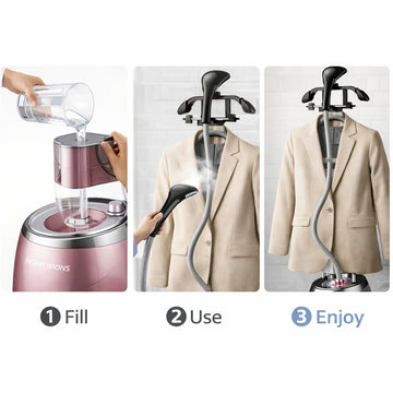 Aparat de calcat vertical cu aburi Hoffmans, 2000W, Rezervor Detasabil 3L, Incalzire Rapida 45s, Roz