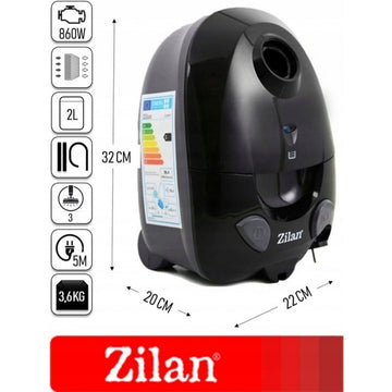 Aspirator cu sac Zilan ZLN8471, 1200W, sac textil 2L, 5 filtre, putere aspirare 200W, cablu retractabil 5m, negru