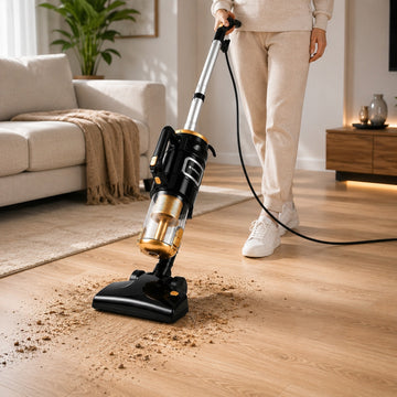 Aspirator vertical cu fir multifunctional 3 in 1 Hoffmans HM-8803 Putere 1800W, Filtrare multipla, Cablu 4.8m, Negru/Gold