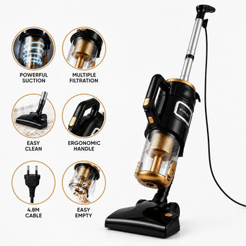 Aspirator vertical cu fir multifunctional 3 in 1 Hoffmans HM-8803 Putere 1800W, Filtrare multipla, Cablu 4.8m, Negru/Gold
