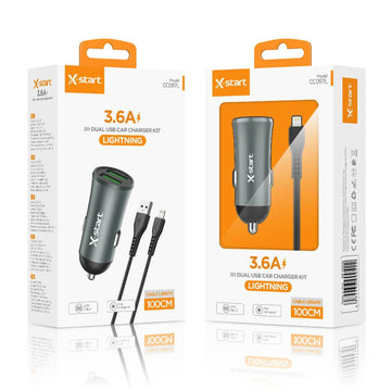 Incarcator Auto + Cablu Lightning X-Start CC097L, 2xUSB-A, 5V, 3.6A, 1m - Gray+Black