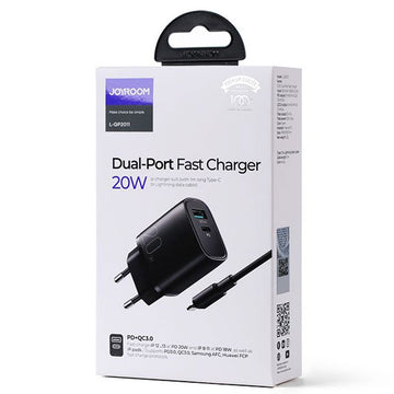 Incarcator Retea + Cablu Lightning Joyroom L-QP2011, 20W, 1xUSB-C, 1xUSB-A, PD, QC 3.0 - Negru