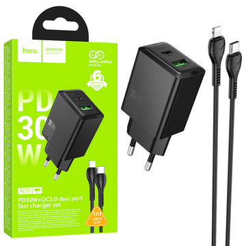Incarcator Retea cu Lightning Hoco N71, PD25W + QC 3.0 18W, 1xUSB-C, 1xUSB-A - Negru