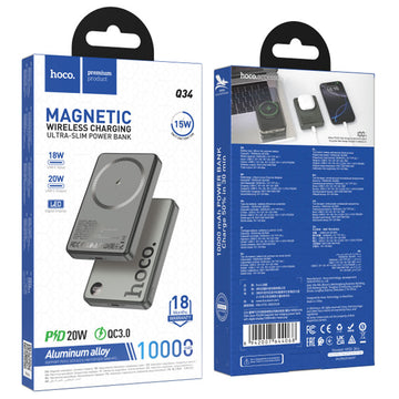 Baterie externa Hoco Q34, Magsafe, 20W, 1xUSB-C, 1xUSB, Fast - Metall / Gri