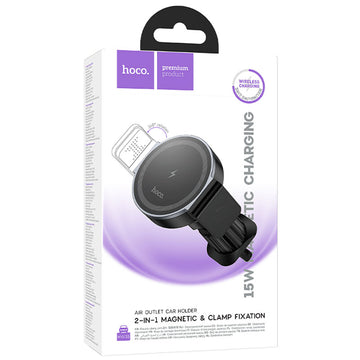 Suport Auto cu Incarcare Wireless Hoco HW35, Ventilatie, cu Cleme, Fast Mount LockClip - Negru