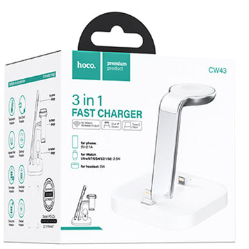 Incarcator Wireless Hoco CW43, 2 X Lightning Output, 5W, 5V, 2.4A, Qi Charging, 3 in 1 - Alb