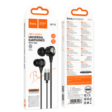 Casti cu Fir HOCO M116, In Ear, Jack 3.5mm, 1.2m, Mic & Volume Key - Negru