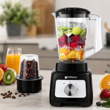 Blender cu rasnita Hoffmans HM-2102, 600W, vas 1.75L, 2 viteze + Pulse, recipient pentru macinare inclus, Black/White