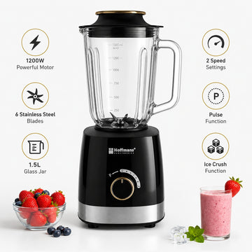 Blender Hoffmans HM-2075, 1200W, Vas din sticlă 1.5L, 6 lame inox, Funcție Pulse, Negru