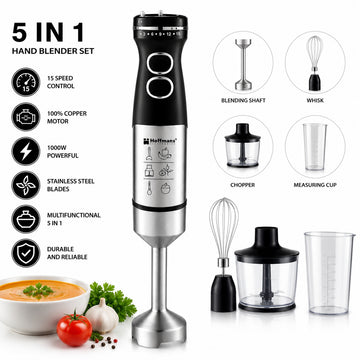 Blender vertical 5 in 1 Hoffmans HM-8032, 1000W, motor din cupru, 15 viteze, tocator inclus, tel inox, pahar gradat, Black/Silver