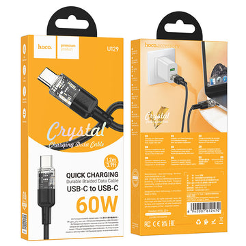 Cablu Date si Incarcare Hoco U129, USB-C, PD60W, QC3.0, 3A, Crystal, 1.2m - Negru