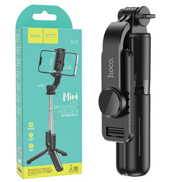 Suport Stand Selfie Hoco K17, 2 in 1, Mini Telescopic, Inox, cu Telecomanda BT - Negru