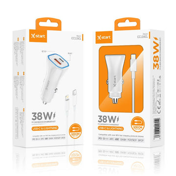 Incarcator Auto + Cablu USB-C la Lightning X-Start CC116CL, 38W, 1xUSB-C, 1xUSB-A, QC 3.0, 1m - Alb