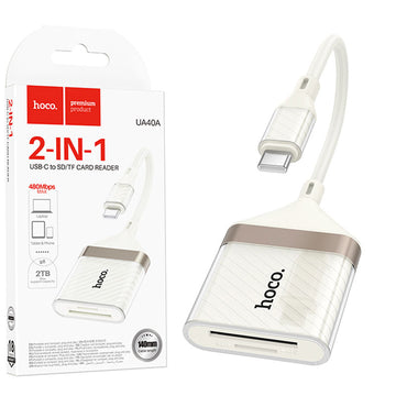 Hoco UA40A, Cititor de Carduri 2-in-1, SD/TF, cu Conector USB-C, 480Mbps - Alb