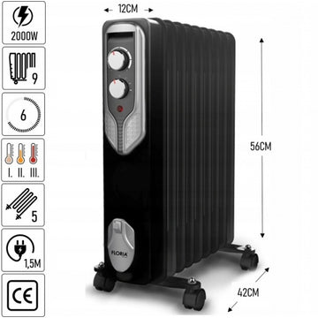 Calorifer electric Floria ZLN3659, 2000W, 9 elementi, termostat reglabil, negru