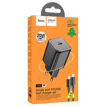 Incarcator Retea + Cablu Lightning Hoco N40, 20W, 1xUSB-C, PD - Negru