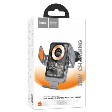 Suport Auto cu Incarcare Wireless Hoco HW7, cu Cleme Laterale, Ventilatie, AutoSensor Lock - Gri