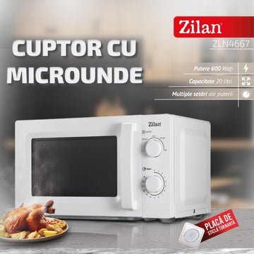 Cuptor cu microunde Zilan ZLN4667, 20 L, 600 W, 5 trepte putere, functie dezghetare, timer 35 min, alb