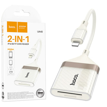 Hoco UA40, Cititor de Carduri 2-in-1, SD/TF, cu Conector Lightning, 480Mbps - Alb
