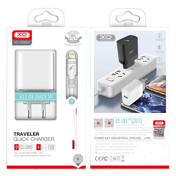 Incarcator Retea + Cablu Lightning XO L63, 15W, 1xUSB-A, QC 3.0 - Alb
