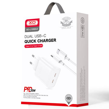 Incarcator Retea + Cablu Lightning XO L105, 35W, 2xUSB-C, PD - Alb