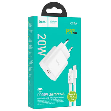 Incarcator Retea + Cablu Lightning Hoco C94A, 1m, PD20W, 1xUSB-C, PPS/QC3.0/FCP/AFC - Alb