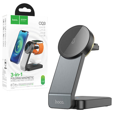 Statie Incarcare Wireless Hoco CQ3, MagSafe, 15W, Qi Charging, Stand, 3 in 1 - Negru