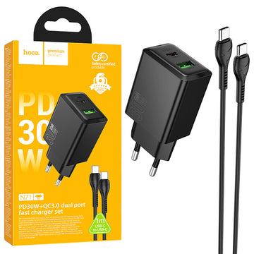 Incarcator Retea cu Cablu Hoco N71, PD25W + QC 3.0 18W, 1xUSB-C, 1xUSB-A - Negru