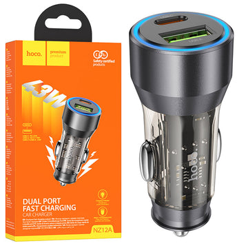 Incarcator Auto Hoco NZ12A, 25W, 1xUSB-C, 1xUSB-A, PD, QC 3.0, Clear - Negru