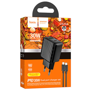 Incarcator Retea + Cablu USB-C Hoco CS23A, 1m, PD30W, 1xUSB-C, 1xUSB-A, FCP/AFC - Negru