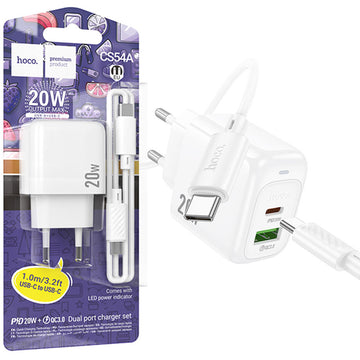 Incarcator Retea cu Cablu Hoco CS54A, PD20W, QC 3.0 18W, 1xUSB-C, 1xUSB-A - Alb